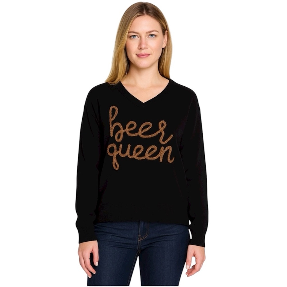 Queen of Sparkles Black V Neck Beer Queen Sweater Size M